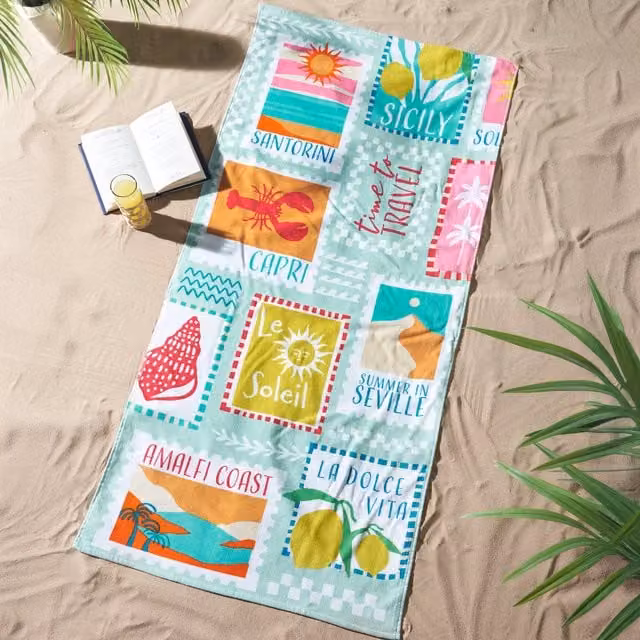 Catherine Lansfield Postcards Absorbent Cotton Beach Towel, Green and Multicolour