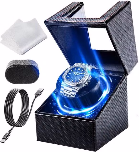 SPETLEK Single Watch Carbon Fiber Display Case with 5 Rotation Modes and LED Display in Black, Width: 50 cm – 1