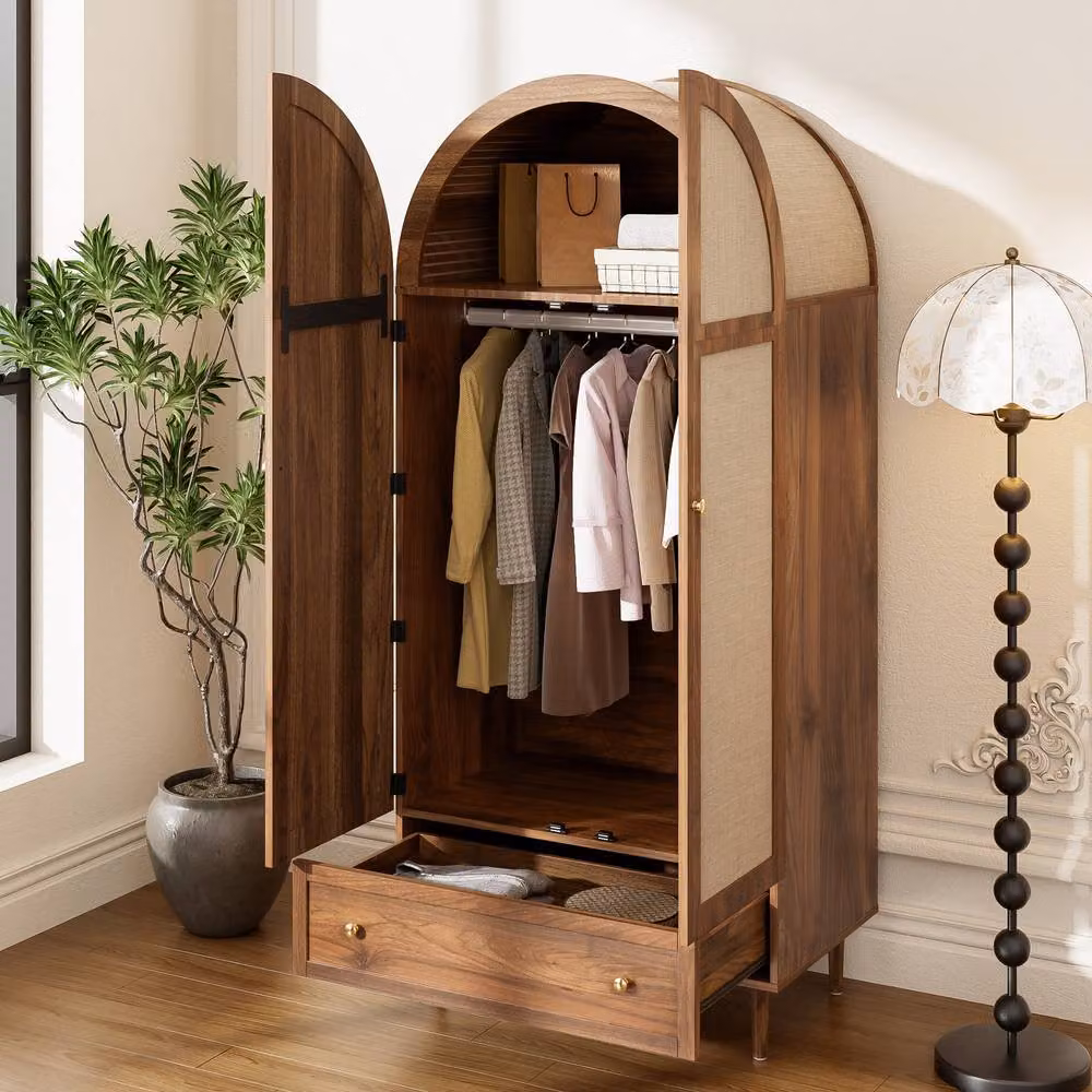 Merax Arched Retro Wardrobe in Brown with Fabric Doors and Drawer, H 175 x W 79 x D 50 cm – 4
