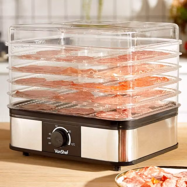 VonShef 5 Tier Stainless Steel Food Dehydrator with Adjustable Temperature Control, Silver
