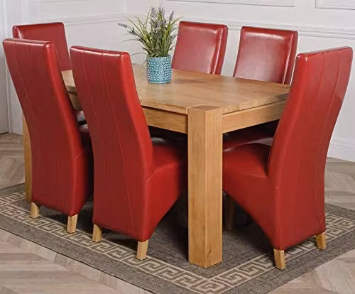 Thats Furniture Kuba Oak Dining Table and 6 Lola Red Leather Chairs Set, W: 150 cm, D: 85 cm, H: 78 cm – 1