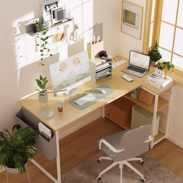 BEXEVUE Beige L-Shaped Gaming Desk with Power Outlets and Reversible Shelves W/D: 100 x 70 cm – 1