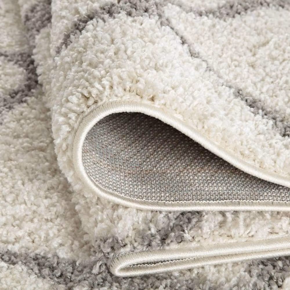 THE RUGS Moroccan Soft High Pile Shaggy Lattice Round Rug in Off-White, Diameter: 120 cm – 2