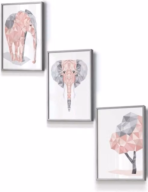 ARTZE Geometric Pink and Grey Elephant Set Framed Wall Art, Boho Style, W: 33 cm, H: 45 cm, D: 20 mm