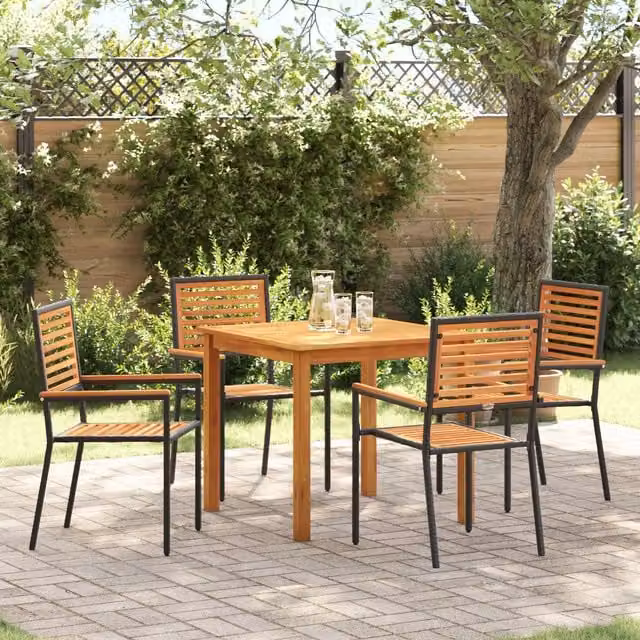 Berkfield Home 5 Piece Garden Dining Set in Black Poly Rattan and Acacia Wood