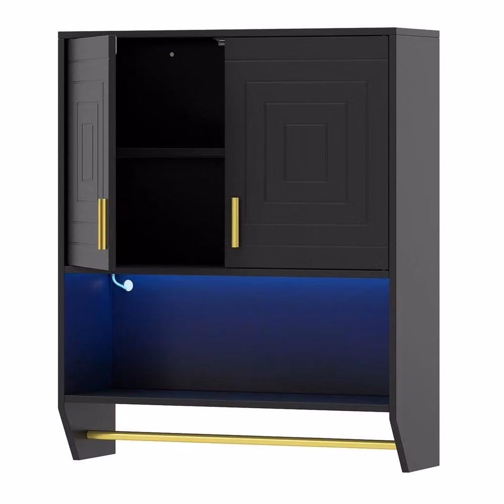 VOGREX Matt Black Wall Mounted Bathroom Cabinet with Hinged Doors, Adjustable Internal Shelves and Hanging Rod, H: 71.5 cm x W: 60 cm x D: 20 cm – 3