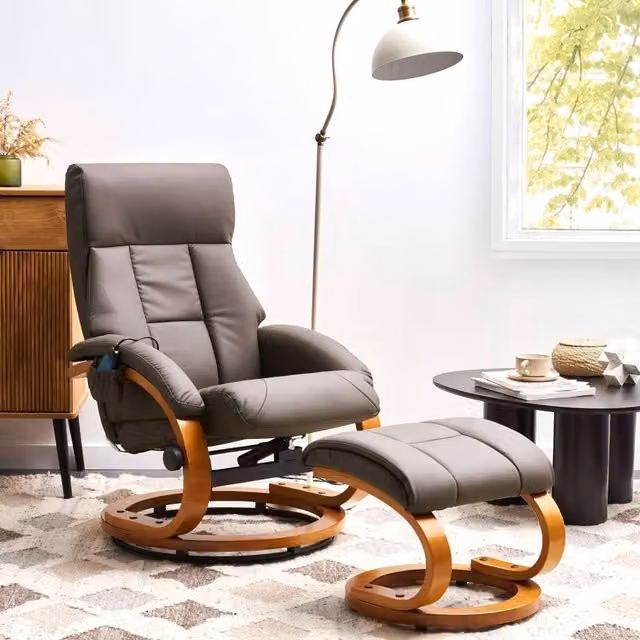 Wyld and Coco Brown Faux Leather Recliner Armchair with Footstool, Heated Massage with 5 Modes – 1