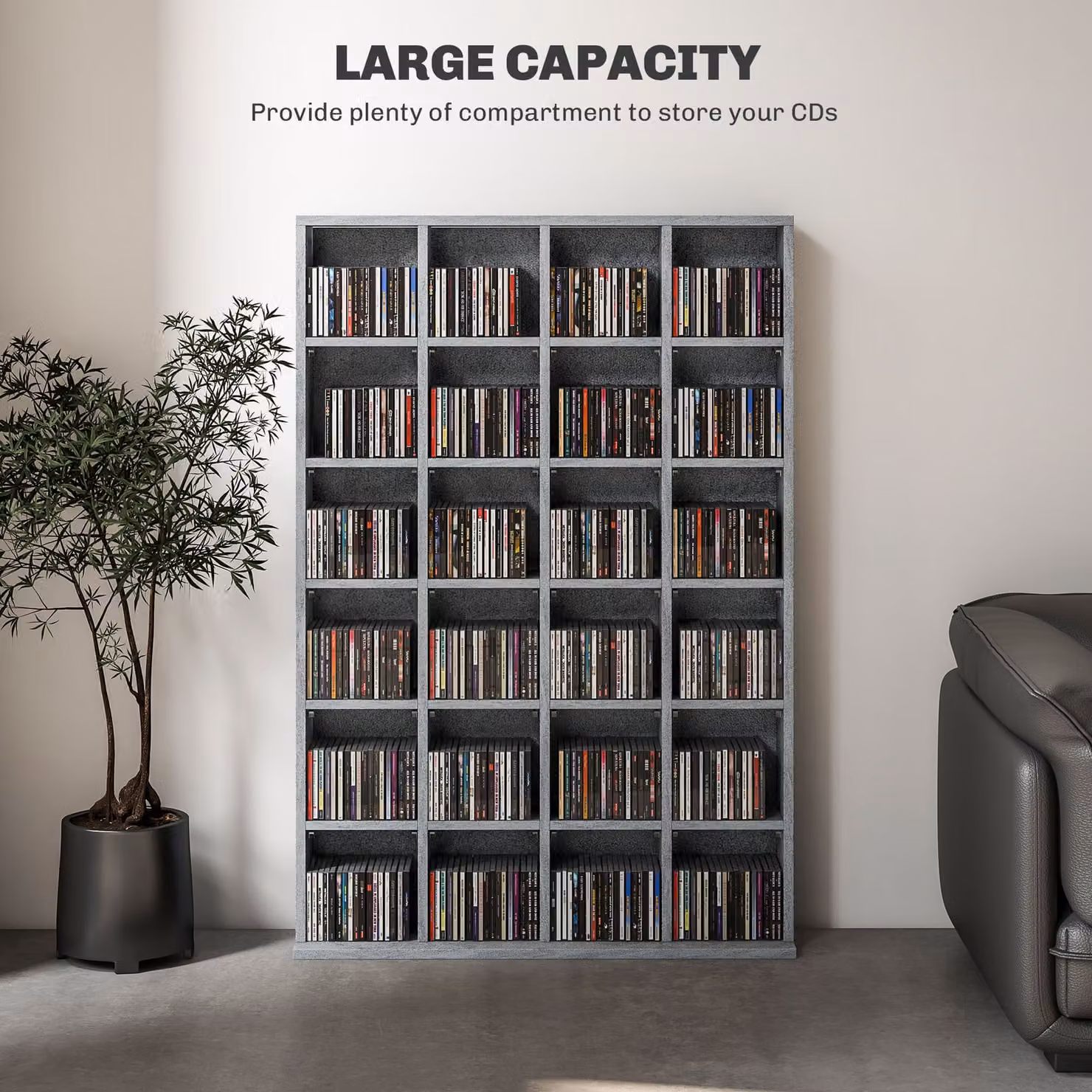 HOMCOM Multi-functional CD and Media Display Shelf with Adjustable Shelves in Cement Grey, W: 89 cm, H: 130.5 cm – 4