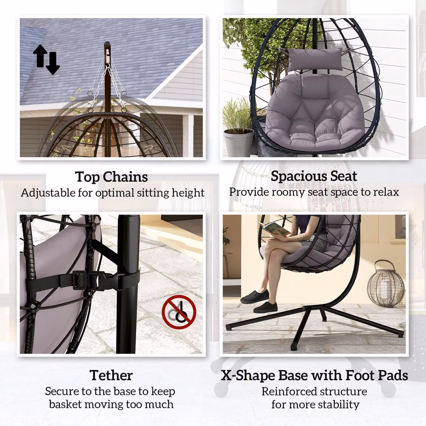 Outsunny Grey Hanging Egg Chair with Stand, Folding Basket, Thickened Cushions and Adjustable Headrest for Garden, Balcony or Patio – 7