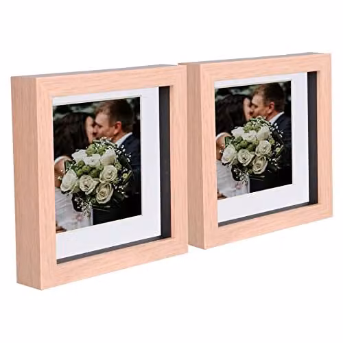 Nicola Spring Pack of 2 Light Brown Square 3D Wooden Shadow Box Photo Frames with White Mount, Hanging or Standing, 17.5 x 17.5 cm