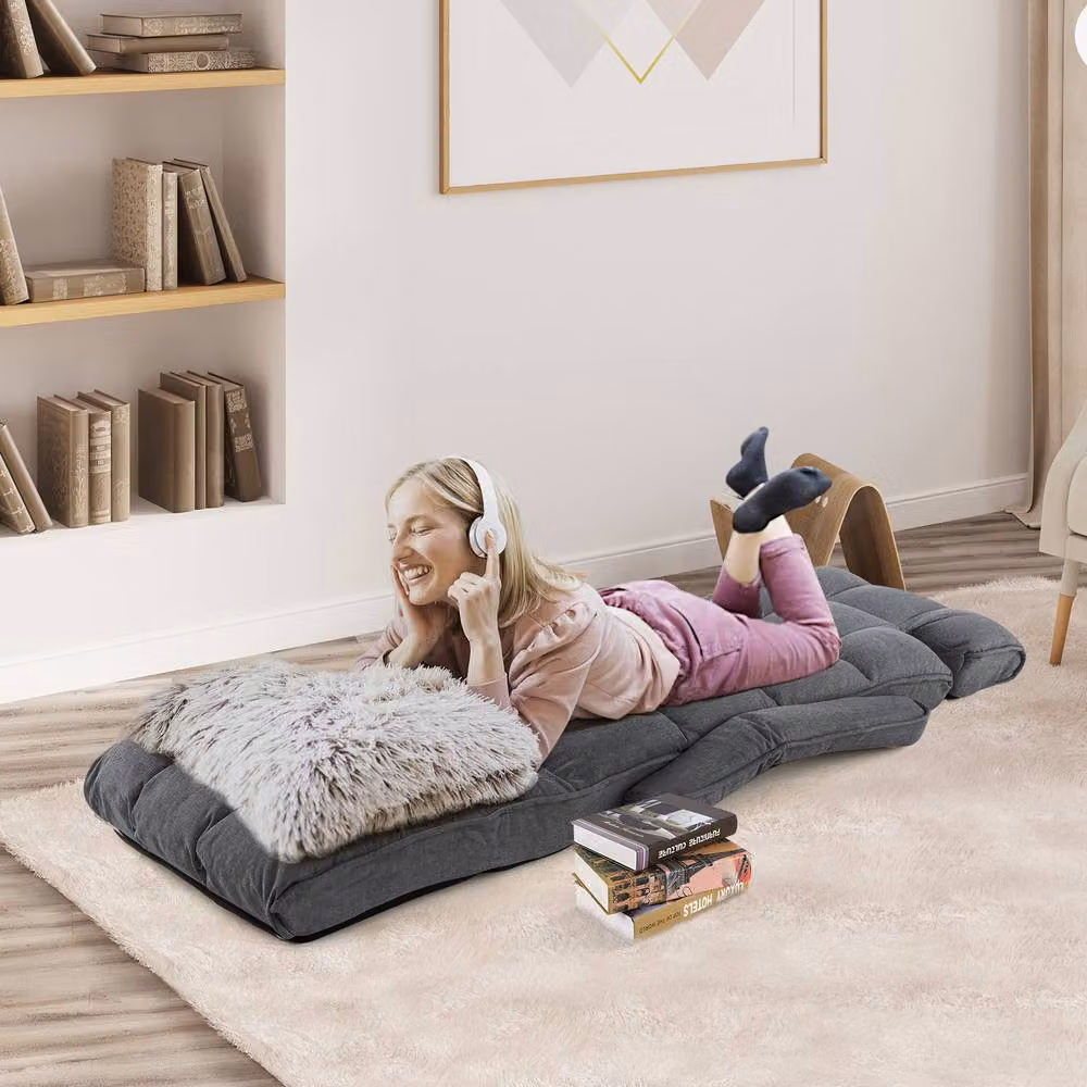 Costway Foldable Lazy Sofa Chaise Lounger in Grey with 6 Adjustable Positions and Metal Frame – 6