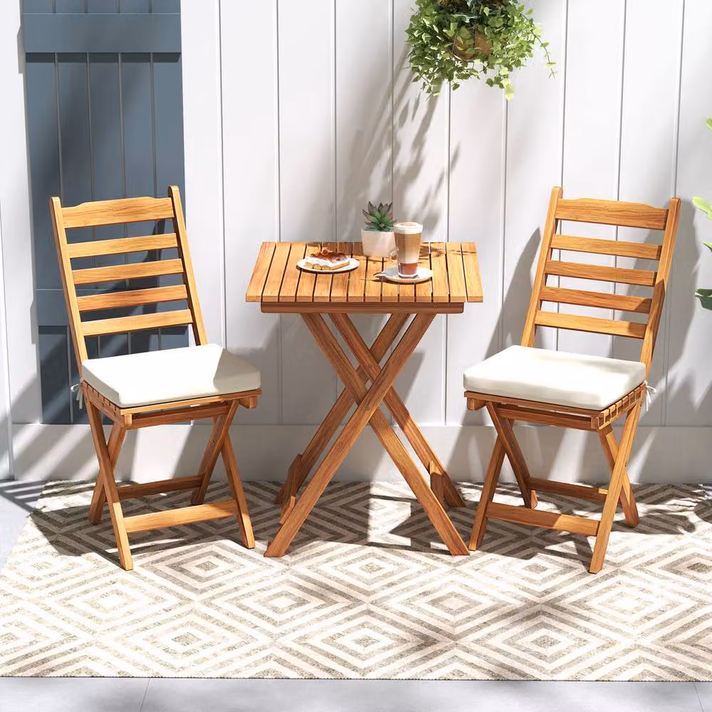 Costway Acacia Wood Folding Bistro Set with Cushions in Natural Brown – 2