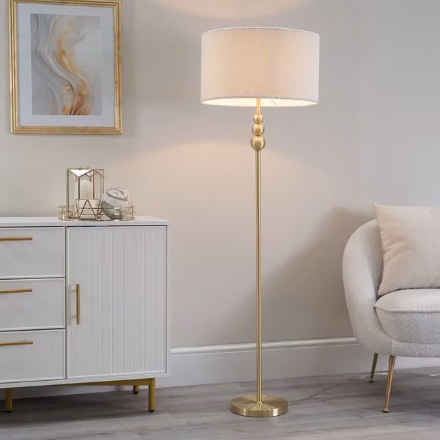 ValueLights Marissa Brushed Gold Floor Lamp with Beige Boucle Shade and Bulb
