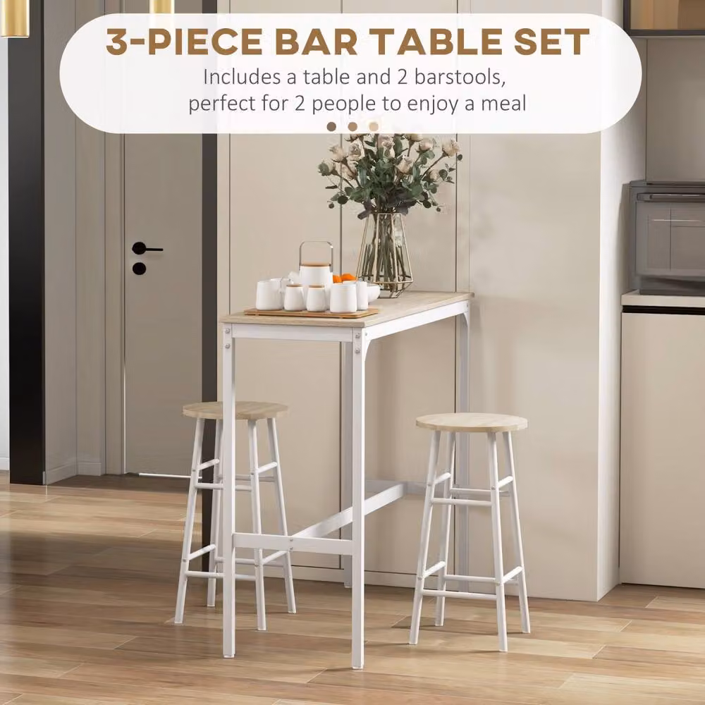 Wyld Haus Faro 3 Piece Industrial Bar Table and Stool Set with Oak Top in White – 3