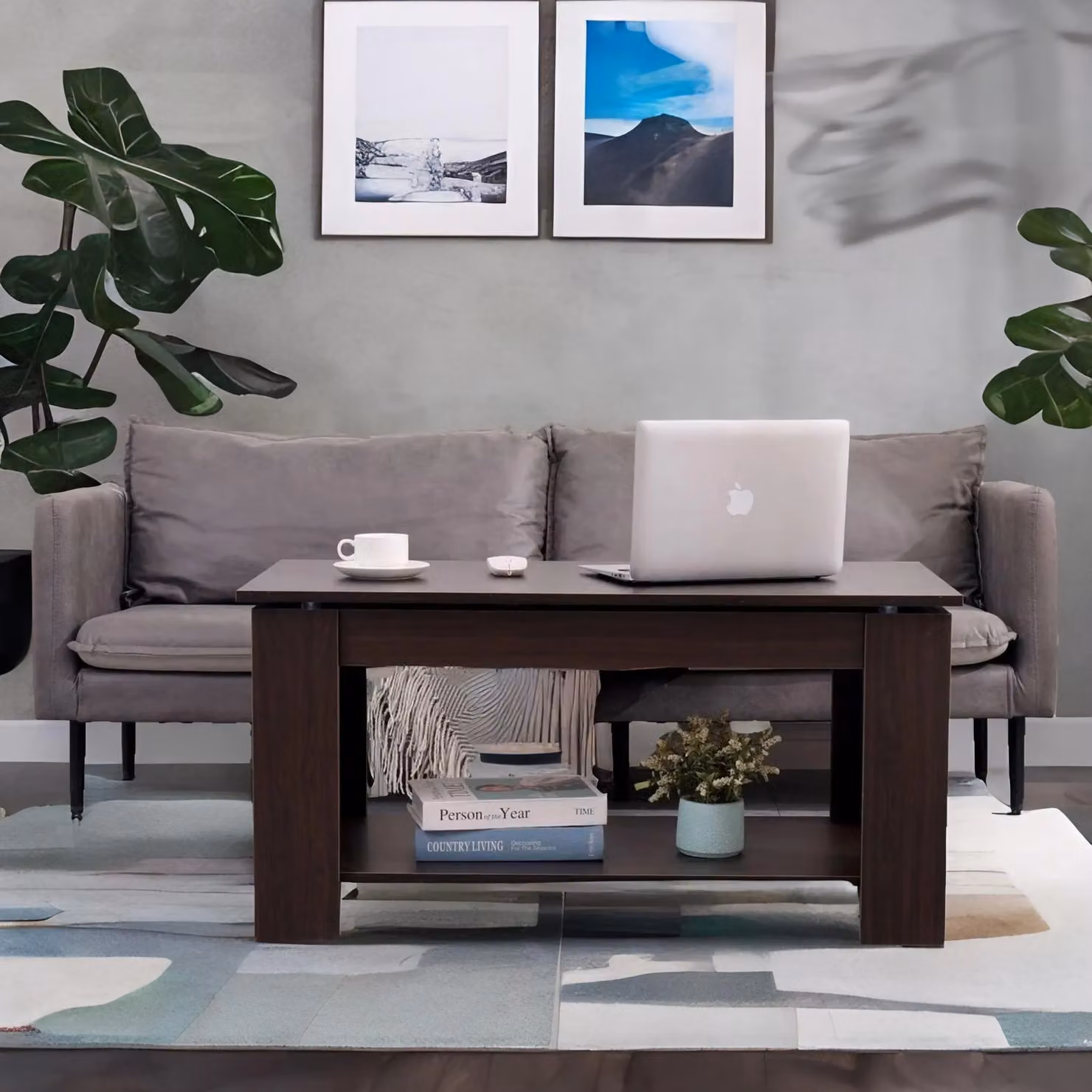 Rafaelo Mobilia Industrial Walnut Lift Top Coffee Table with Hidden Storage in Brown – 3