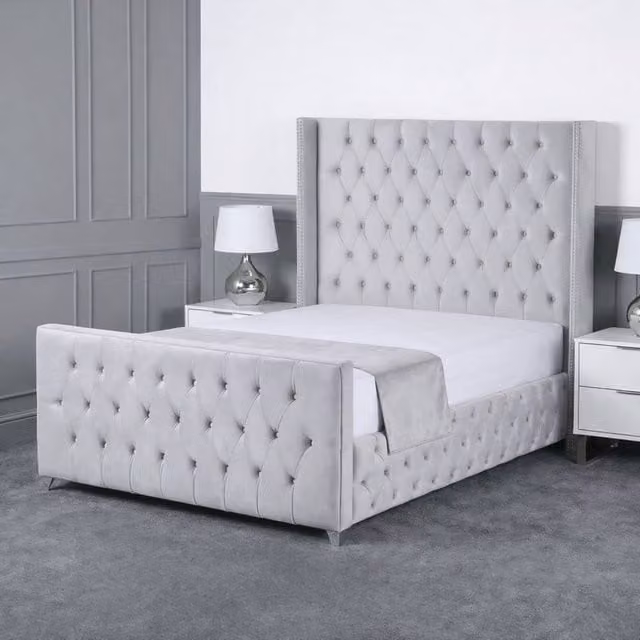 Living Comfort Bedz Executive Luxe Plush Upholstered Single Bed with Slatted Base and 48 Inch Headboard in Silver Velvet