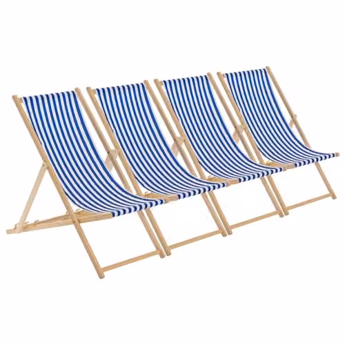 Harbour Housewares Pack of 4 Folding Wooden Deck Chairs in Blue Maritime Stripe with Beech Wood and Woven Canvas, W/D/H: 120 x 56 x 44 cm