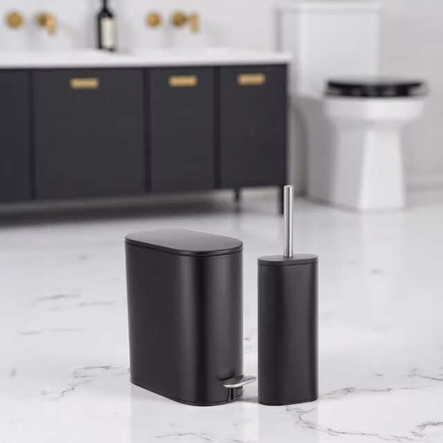 Fortuna Black Stainless Steel 5L Soft Close Bathroom Pedal Bin and Toilet Brush Set