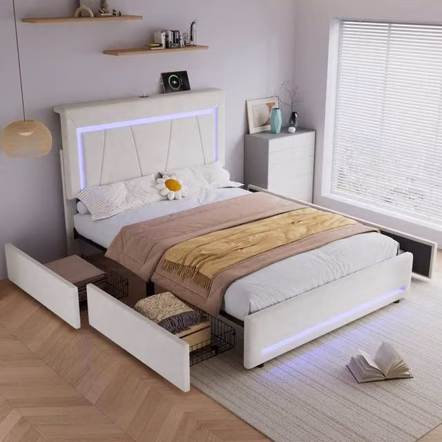 Rolipo Beige Velvet Double Bed with Storage Drawers, LED Under-Bed Lighting and USB Charging Port, W/D/H: 140 x 200 cm – 1