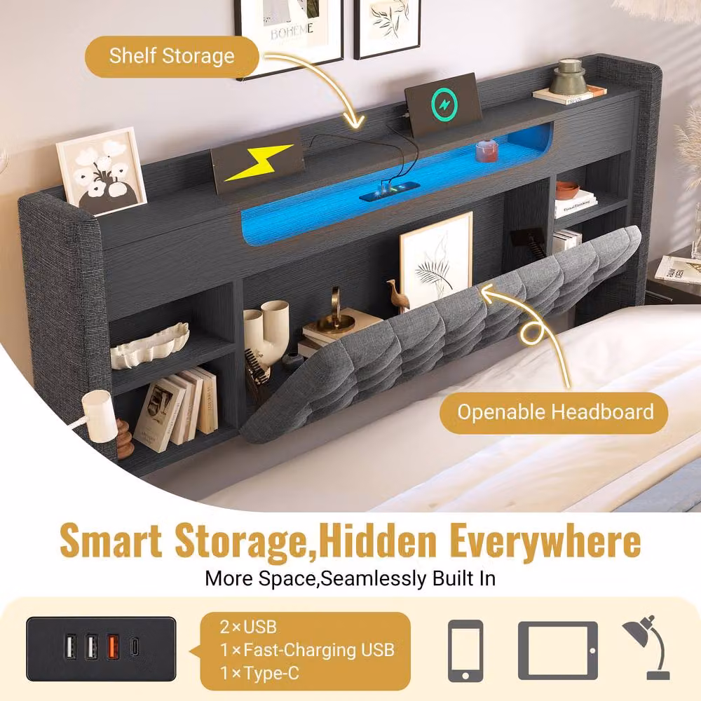 Merax King Size Ottoman Bed in Grey with Storage Headboard, USB Charging Port and LED Lighting, W/D/H: 150 x 200 x 158 cm – 3