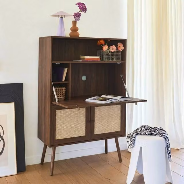 sweeek Mid-Century Secretary Desk with Rattan Detail and 2 Doors in Dark Brown, W/D/H: 138.0 x 35.6 x 90.0 cm