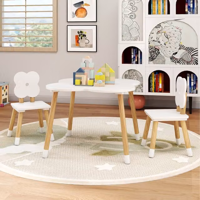 Costway White Flower-Shaped Kids Table and Three Chairs Set Made of Pine Wood
