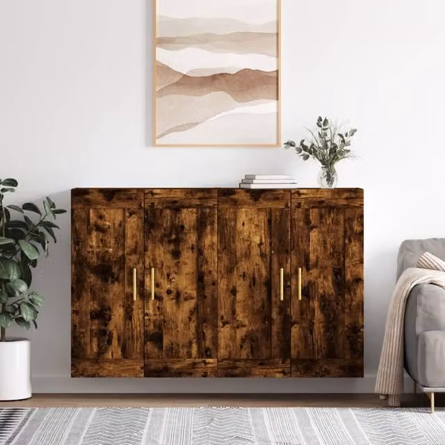 Berkfield Home Set of 2 Wall Mounted Smoked Oak Engineered Wood Cabinets in Brown