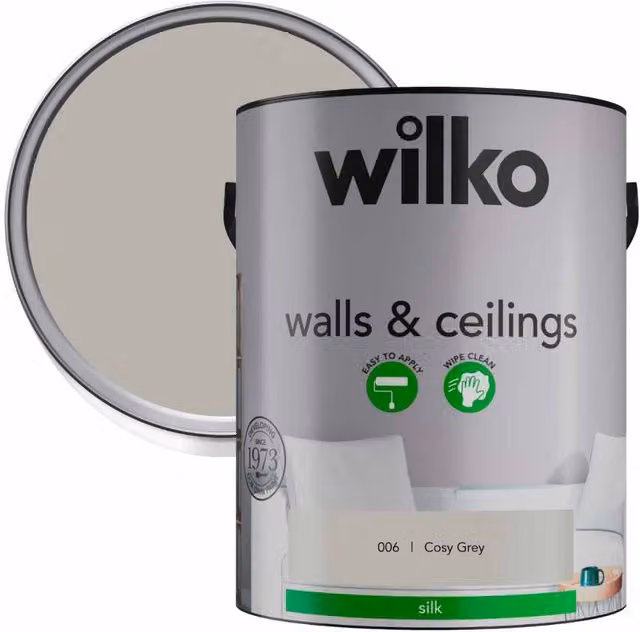wilko Walls and Ceiling Silk Emulsion Paint, Cosy Grey, 5 l