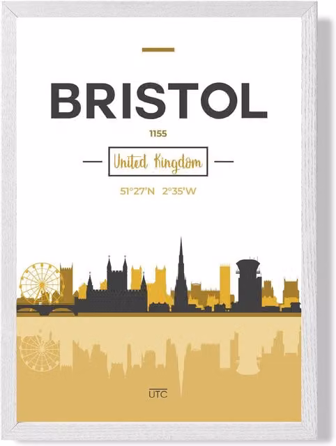 ARTZE Bristol Yellow and Black City Skyline Framed Paper Poster with White Frame, A3