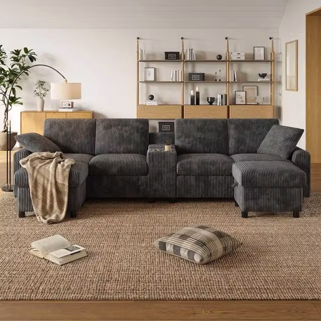 Merax U-Shaped Corduroy Sectional Sofa in Grey with Matching Ottoman, USB Charging Ports and Cup Holders