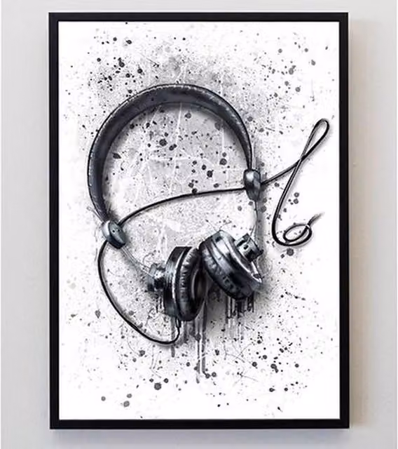 Pics and Squiggles Abstract Headphones Graphic Art Print, Black, A3 Paper Poster
