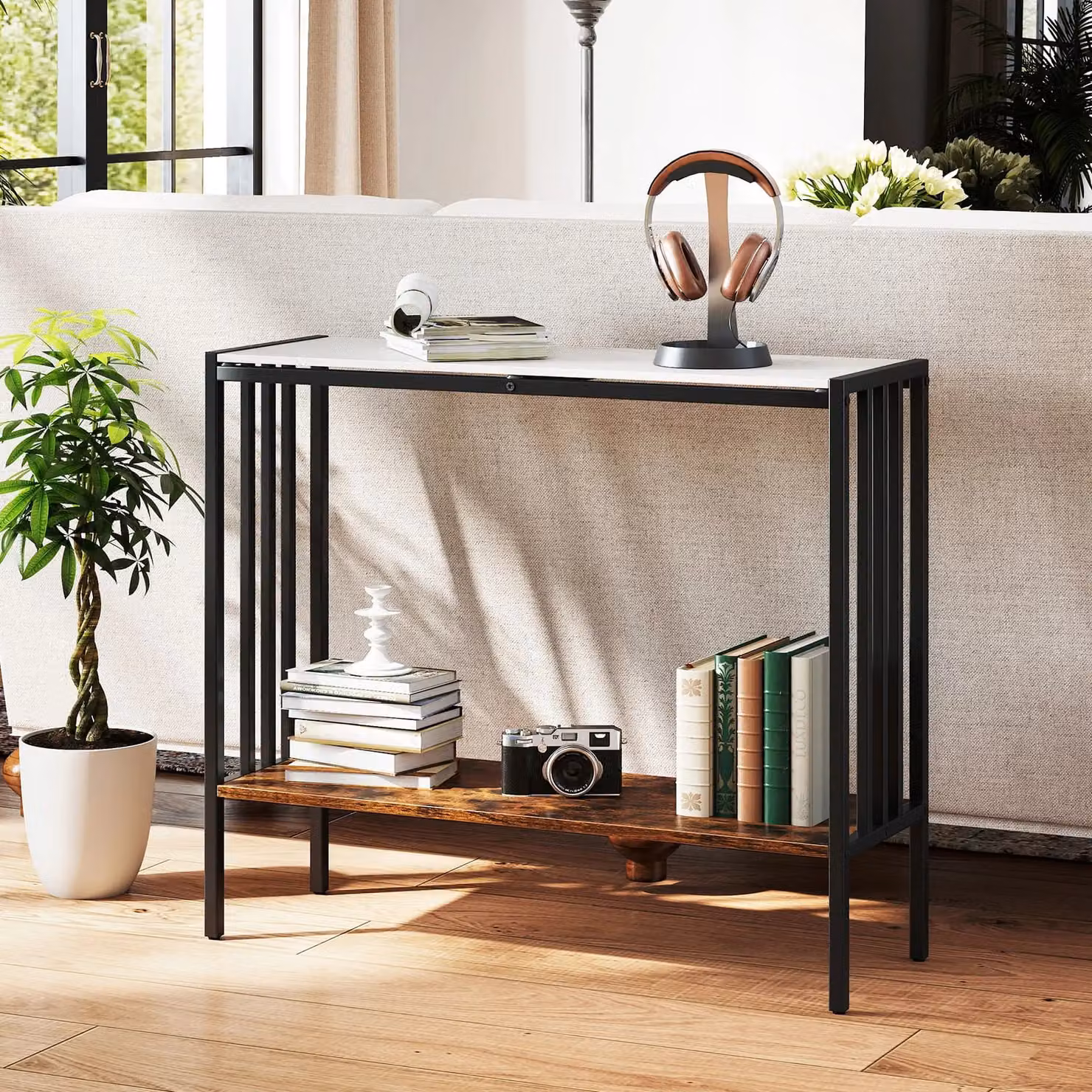 Costway Industrial 2-Tier Console Table with Open Shelf, White – 2