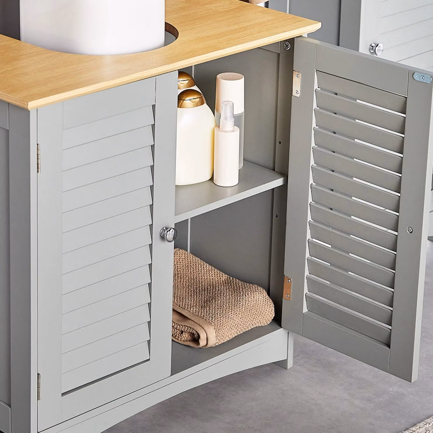 VonHaus Shrewsbury Grey 2 Door Under Sink Bathroom Cabinet with Wood Effect Top and Internal Shelves – 2