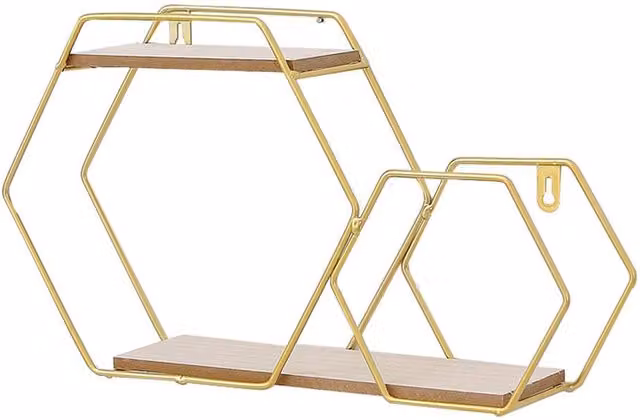 Garden Sanctuary Honeycomb Modern Hexagonal 2 Tier Wall Floating Shelf in Gold