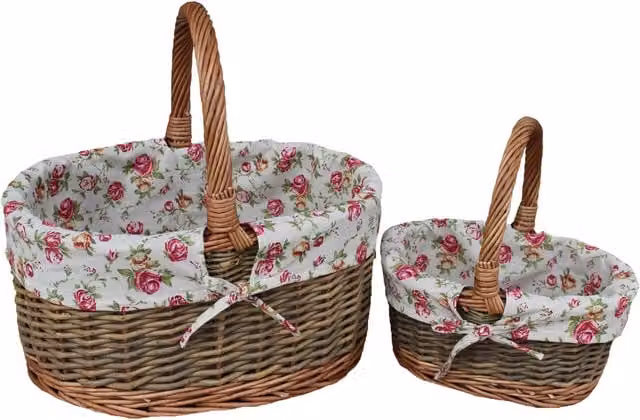 Set of Two Red Open Weave Rattan Shopping Baskets with Handles in Sand and Natural