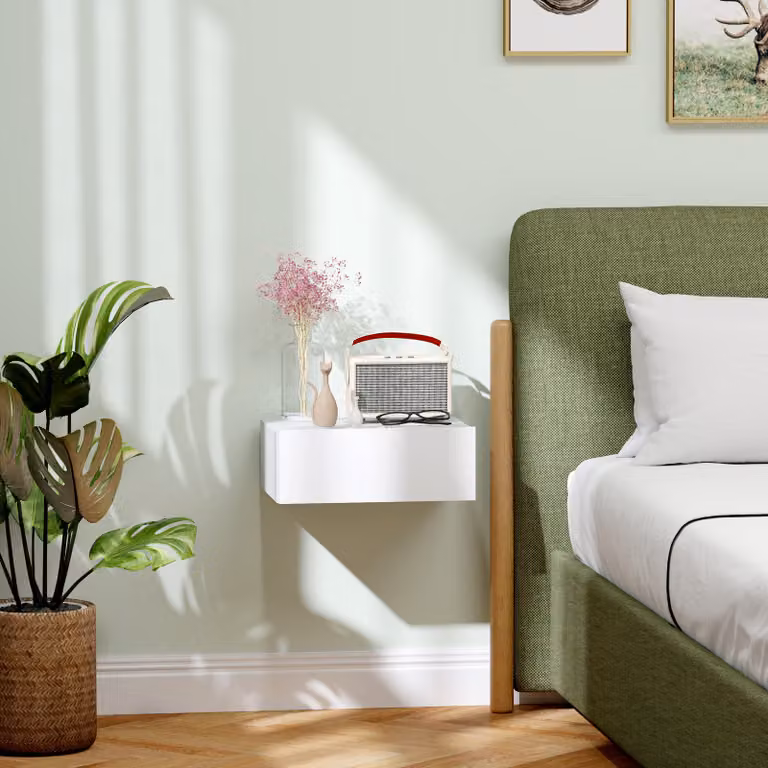 HOMCOM White Wall-Mounted Floating Bedside Table with Storage Drawer