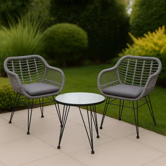 Home Republic 3 Piece Modern Outdoor Bistro Furniture Set in Black and Grey Rattan with Glass and Metal