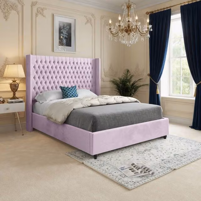 KDMD Wormbridge Winged Upholstered Pink Velvet Designer Bed Frame, W/D/H: 144 x 137 x 200 cm – 1