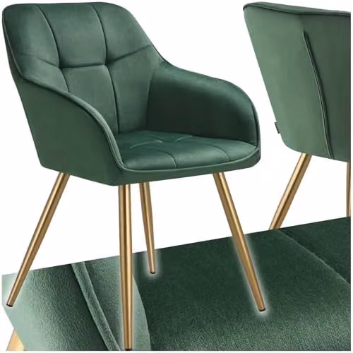 tectake Marilyn Dining Chair with Velvet Fabric and Gold Metal Legs in Dark Green/Gold – 1