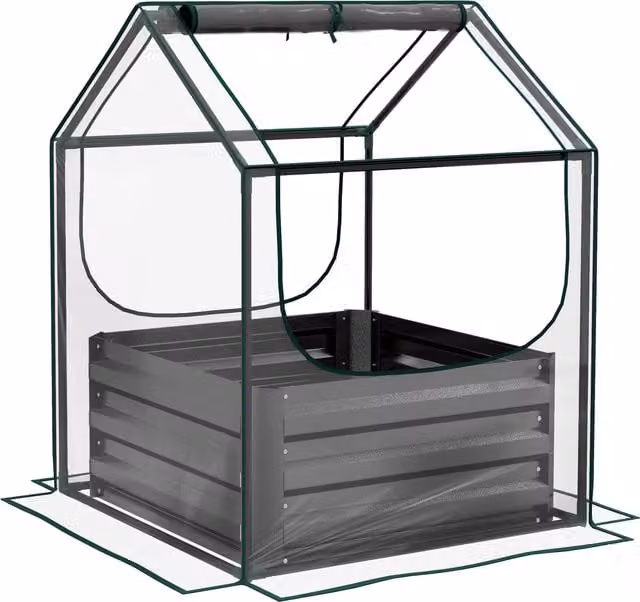 Outsunny Raised Planter Box with Greenhouse Cover, Metal Garden Bed for Vegetables and Herbs, Clear and Dark Grey – 1