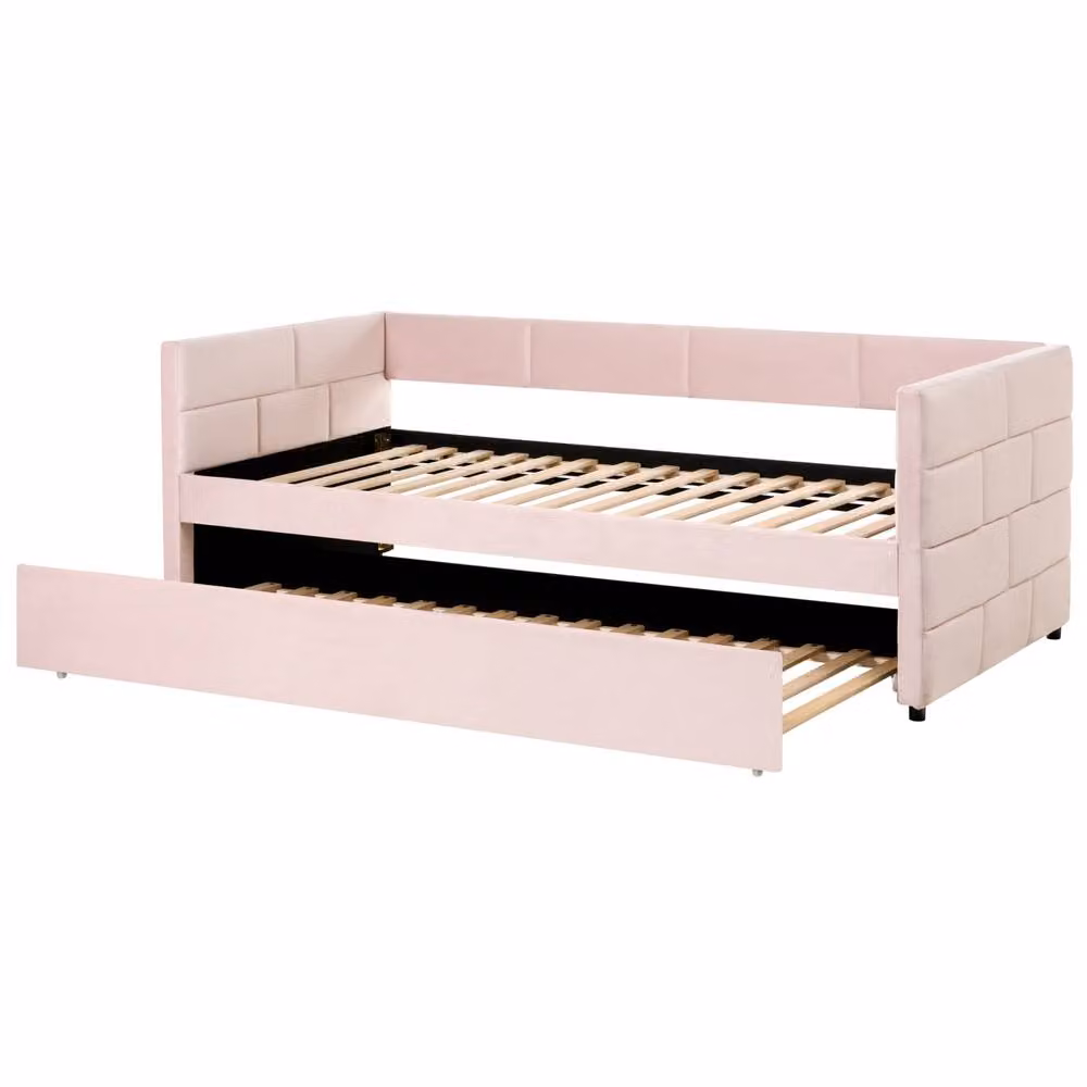 Wyld and Coco Pink Velvet Tufted Trundle Bed with Slide-Out Frame, W/D/H: 90 x 200 cm – 2