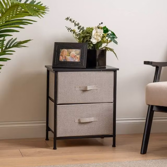 Scottish Everlastings Ltd Modern Black Metal 2 Drawer Cabinet with Beige Fabric Drawers, W/D/H: 45 x 30 x 54 cm