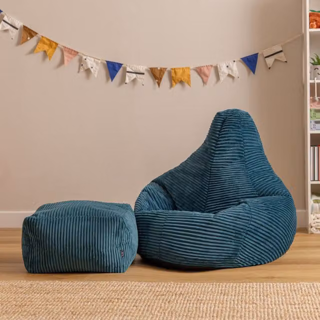 Icon Kids High Back Chair and Footstool in Teal Jumbo Cord with Removable Cover