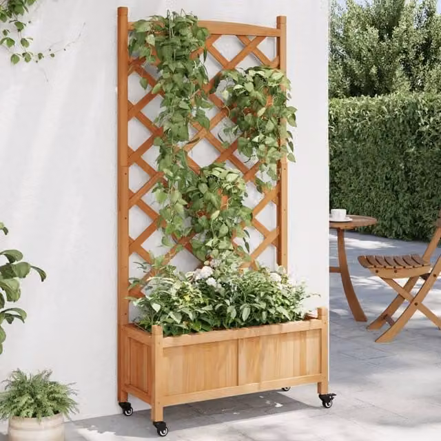 Berkfield Home Brown Solid Wood Fir Planter with Trellis and Wheels