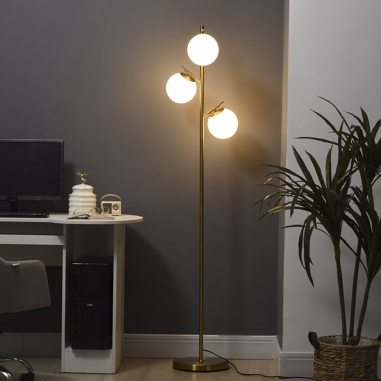 HOMCOM Modern 3-Light Tree Floor Lamp with Gold Metal Base and White Glass Globe Shades – 2