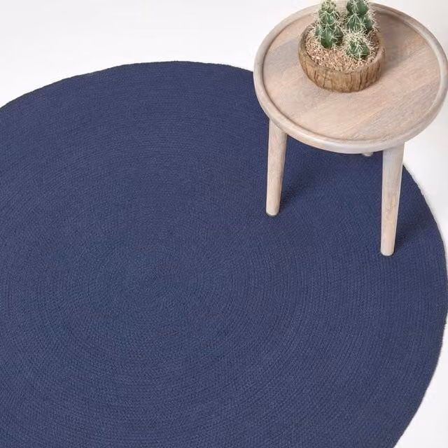 Homescapes Handmade Woven Braided Round Cotton Rug in Blue, Diameter: 150 cm