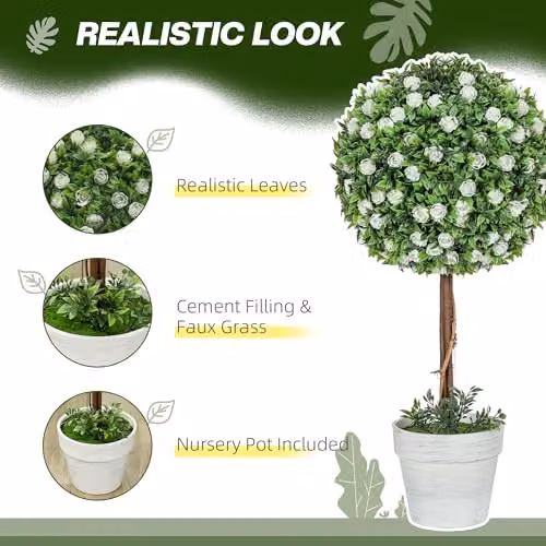 HOMCOM Set of 2 Decorative Artificial Rose Ball Topiary Trees in White, Pink and Green, Height: 60 cm – 3