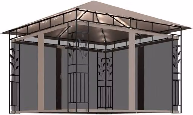 Berkfield Home Gazebo with Mosquito Net and LED String Lights, Beige, W/D/H: 300 x 300 x 273 cm