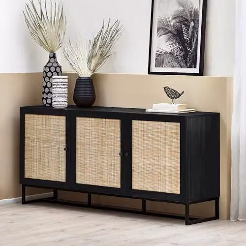 Julian Bowen Padstow 3 Door Rattan Sideboard in Black, W: 160 cm, H: 75 cm, D: 40 cm – 1