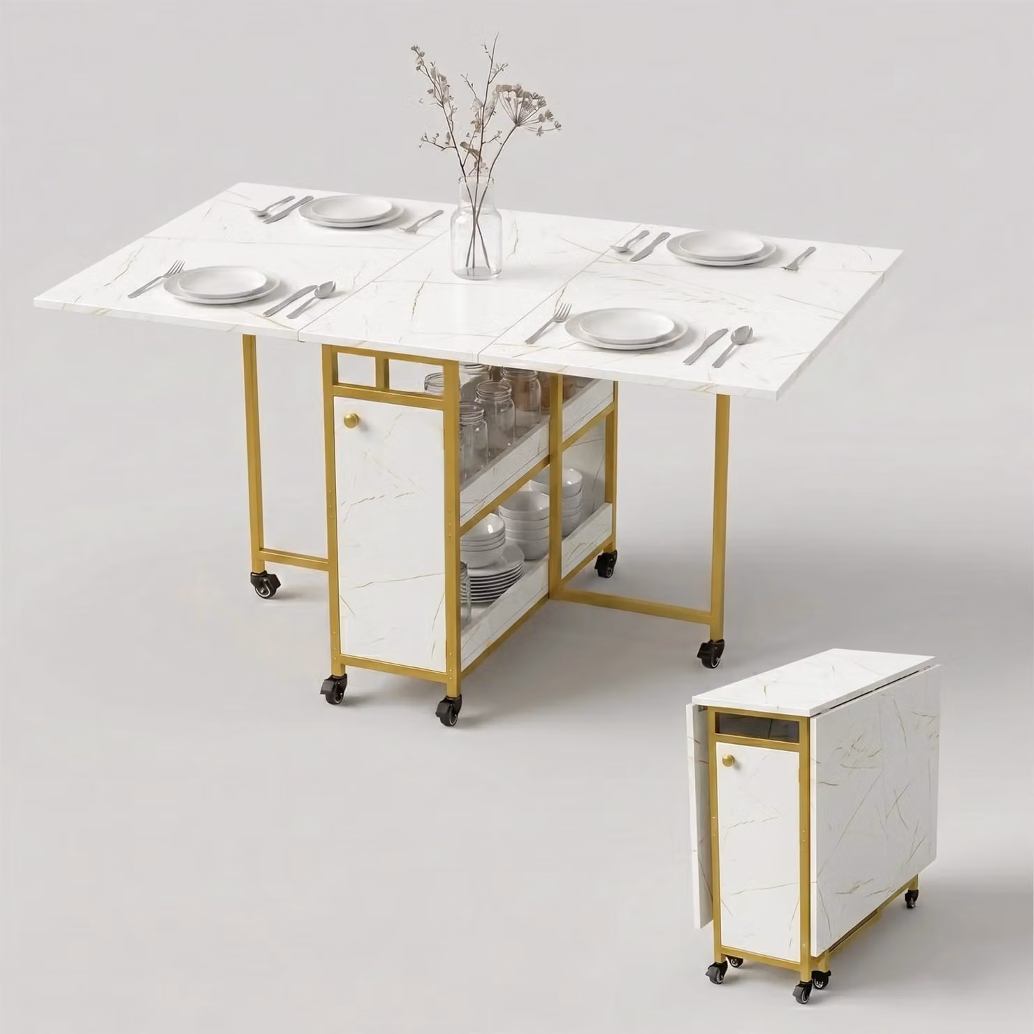 Stovra White Marble Drop Leaf Folding Dining Table with Castors, W/D/H: 152 x 80 x 76 cm